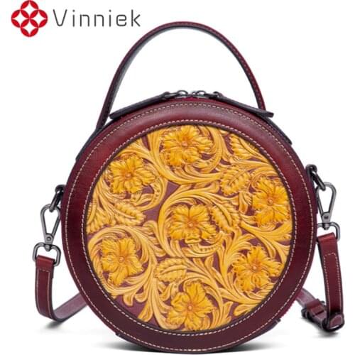 WomenS Luxury Designer Handbag Female Round Leather Retro Head Layer Cowhide Shoulder Designer Embossed Carving Craft Bag