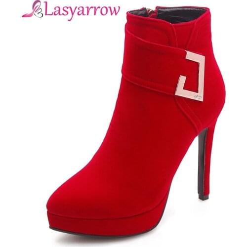 Lasyarrow Women Boots Ankle Boots 2018 Winter Shoes Stiletto Heel Womens Boots Zipper Pointed Toe Brand Woman Botas Black Red