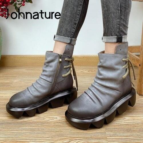 Johnature Winter Women Boots Genuine Leather 2020 New Women Shoes Round Toe Wedges Zip Handmade Concise Ankle Platform Boots
