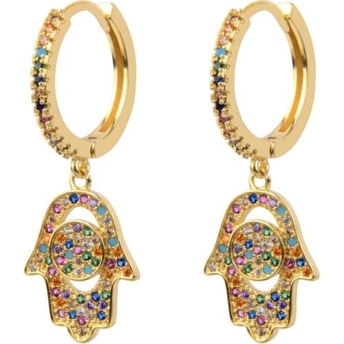 New Fashion Gold Color Hamsa Hand Crown Evil Eye Earrings Micro Paved Cubic Zirconia Women Drop Earrings Jewelry Party Gift
