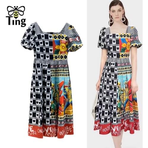 Tingfly Vintage Elegant Square Collar Floral Print Summer Midi Long Dress Casual Puff Sleeve Bohemian Vestidos Elbise Chic Traf