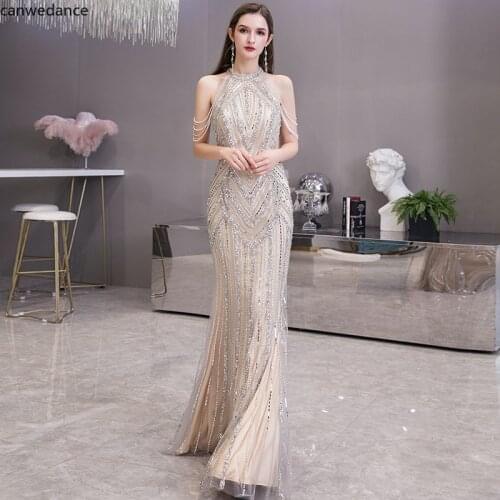 2020 Luxury Evening Dress Halter Crystal Beaded Mermaid Prom Dresses Floor Length Formal Party Gown Robe De Soiree