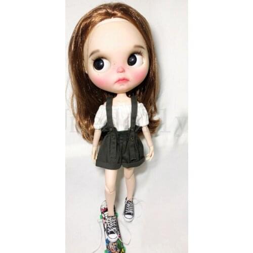 2PCS/SET White Off Shoulder Tops Shirts and Suspenders Bib Pants for Azone S, OB24, Blyth Doll Clothes Accessories