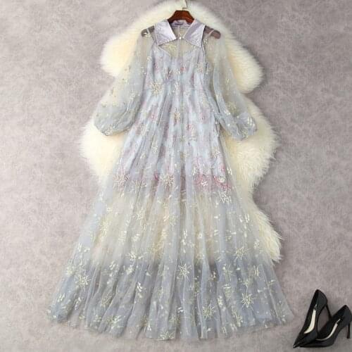 2021 Summer Dress Women Fashion Design High Quality Mesh Embroidery Beading Long Sleeve Elegant Dresses