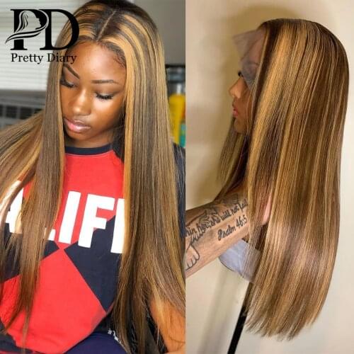 Glueless Lace Front Human Hair Wig Straight Highlight Ombre Hair Pre Plucked Bleached Knots Brazilian Remy Hair Lace Wigs