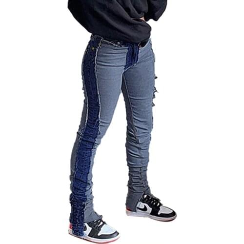 Streetwear Patchwork Skinny Straight Leg Jeans Woman High Waist Boyfriends Denim Trousers Color Block Vintage Split Jeans Pants