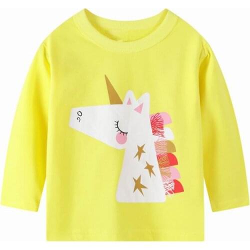 27kids Fashin Girls Spring Autumn Cotton Toddler Baby Unicorn Pattern Tops Long Sleeve T-Shirt Casual Yellow Clothing 2-7Years
