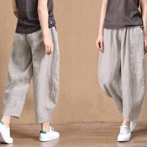 Cotton WomenS Pants Xia Jiufen Loose Thin Section Anti-Cotton Linen Elastic Waist Wide Leg Pants Retro Art All-Match Casual