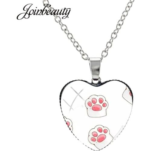 JOINBEAUTY Pink Pets Little Paw Print Necklaces Heart Shape Glass Cabochon Pendant Charms Cute Girl Handmade Jewelry NT323