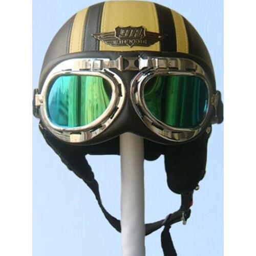 New TOP Quality Black / Yellow Leather Half Face Motorcycle Scooter Vespa Biker Helmet with free Goggles/Visor S M L XL