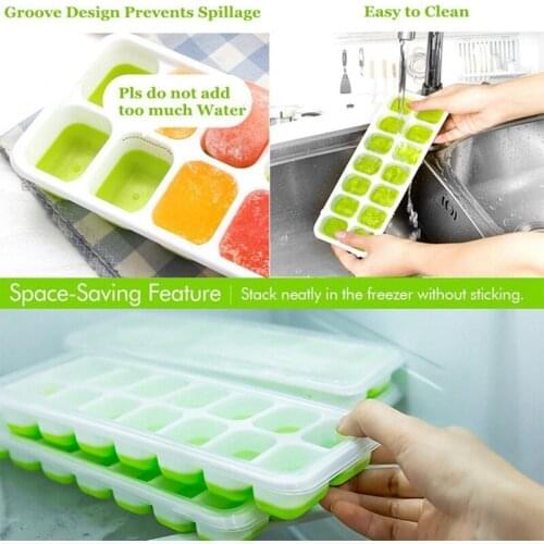 Ice Square Trays 2 Pack Easy-Release Silicone and Flexible 14-Ice Trays with Spill-Resistant Removable Lid Stackable Durable