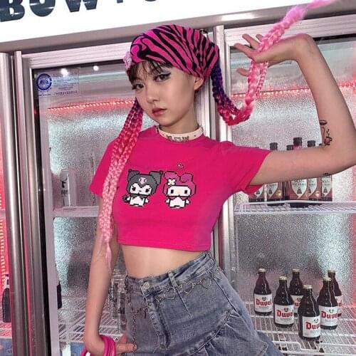 Summer New Hot Girl Cropped T- Shirt Cartoon Printed Korean Style Slim -Fit Short-Sleeved Student Top for Women