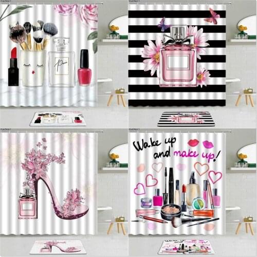 2Pcs Fashion Girl Makeup Theme Shower Curtain Perfume Lipstick Brush High Heel Pink Flower Non-Slip Bath Mat Bathroom Set Decor