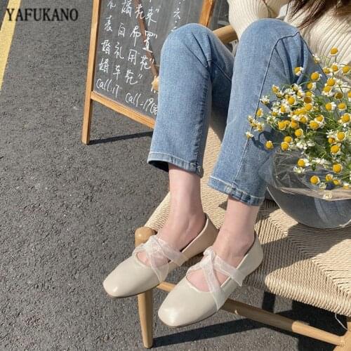 Fashion Small Fresh Square Toe Retro Grandma Shoes Ribbon Cross Band Flat Peas Shoes Shallow Mouth Boat Shoes Casual Single Shoe