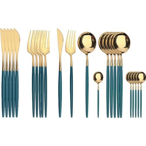 24Pcs Stainless Steel Cutlery Dinnerware Set Green Gold Christmas Spoon Fork Knife Western Cutleri Silverware Tableware Supplies