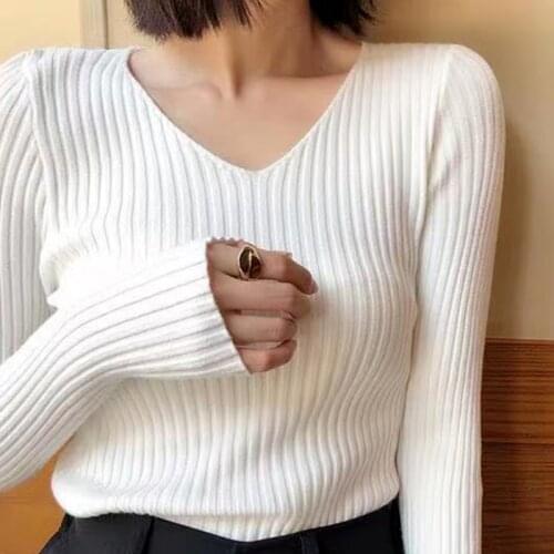 2021 Autumn New Korean Slim Sweater Pullover Sexy Long Sleeve Solid Tops V-neck Pullover Knitted Bottomed Sweater Top 16250