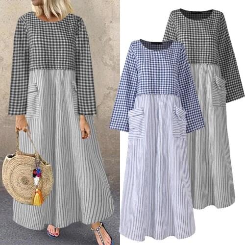 ZANZEA Casual Loose Vintage Sundress Women Printed Plaid Maxi Dress Long Sleeve O Neck Pockets Vestidos Robe Femme