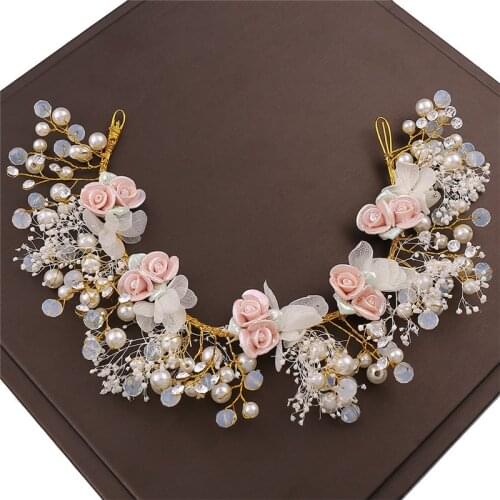 2021 New Handmade Bride Flower Pearl Headwear For Woman Headband Wedding Hair Jewelry Headpeice Wedding Bride Hair Accessories