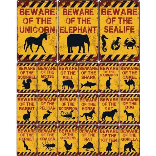 Retro Tin Sign Beware of The Unicorn Elephant Moose Bull Scorion Gorilla Vintage Metal Signs Bar Yard Animal Poster Farm Decor