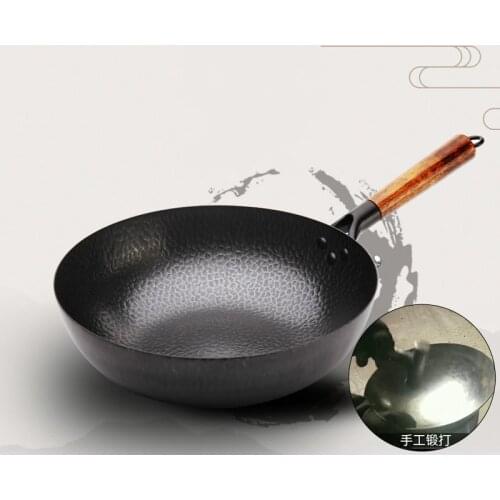 Handmade iron pot 32cm uncoated health wok non-stick pan gas stove induction cooker universal wood cover