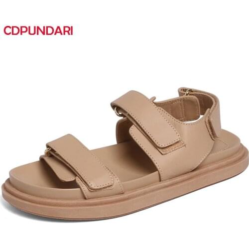 Fashion Hook & Loop Genuine Leather Flat Platform Sandals Women Summer Casual Shoes Sandales Femmes 2021 Sandalias Mujer