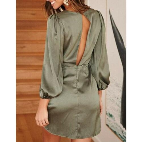 Tunic Womens Autumn Elegant Silk Satin Dress High Street Long Sleeve Formal Party Cocktail Mini Dress Sexy V-neck Vogue Dresses