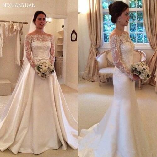 Gorgeous Boat Neck Satin Mermaid Wedding Dresses Detachable Train Lace Appliques Beaded Long Sleeves Wedding Gown Bridal Gowns