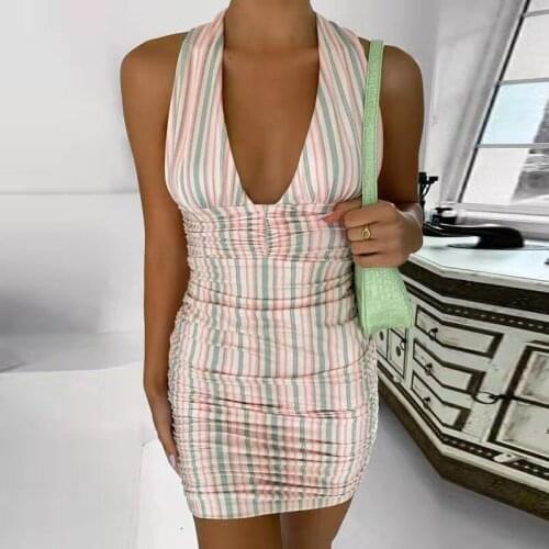 Wsevypo Women’s Sexy Halter Short Draped Dress Fashion Summer Sleeveless Deep V High Waist Pleated Bodycon Dress Party Club