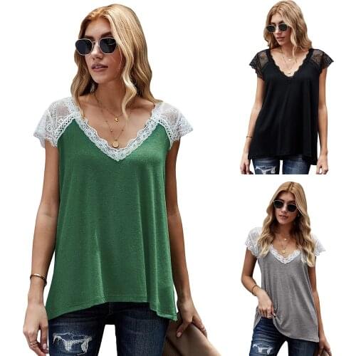 Women Summer Crochet Lace Tunic Tops Ladies Short Sleeve T-Shirts Casual Loose V Neck Fashion Spring Splicing Basic Pullover Tee