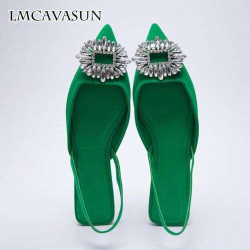 LMCAVASUN ZA Womens Wedding Shoes 2021 Summer New Black Rhinestone Buckle Slingbacks Shoes Pointed Toe Flat Female Half Sandals