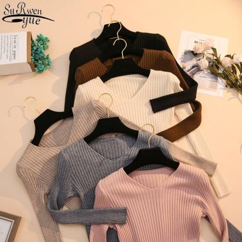 Cotton V-neck Sweater Women 2021 Autumn Korean Slim Pullover All-match Long Sleeve Loose Office Lady Bottoming Pullover 10646