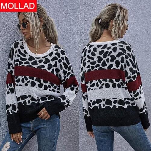 Female Pullover Knitted Sweater Long-Sleeve O-Neck Leopard Womens Sweaters Casual Pullovers Top Jumper Spring Autumn Sweater