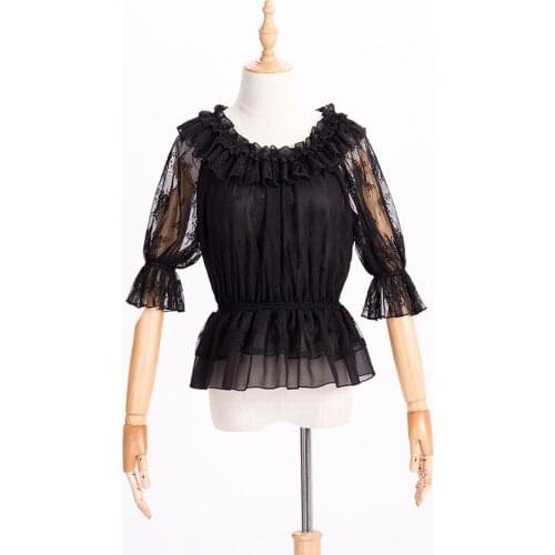Ladies Solid Lace Undershirt for Lady Girls Lace Chiffon Lolita Crop Top Blouse Women Half Flare Sleeves Layered Collar Ruffle