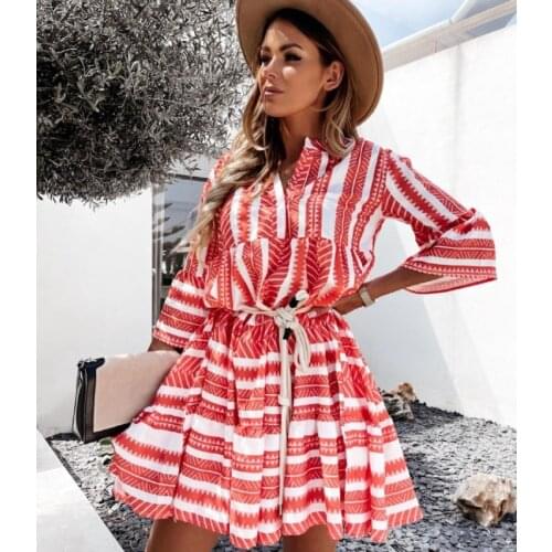 Summer Vintage Bohemian Dress Women Print Elegant Casual Mini Dress Female Fashion Leisure A Line Party Vestidos 2021
