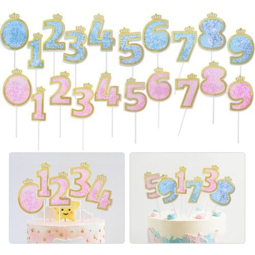 1pc Blue Pink Sequin 0-9 Number Cake Topper With Crown Kids Birthday Party Cake Decorating Wedding Anniversary Cupcake Topper