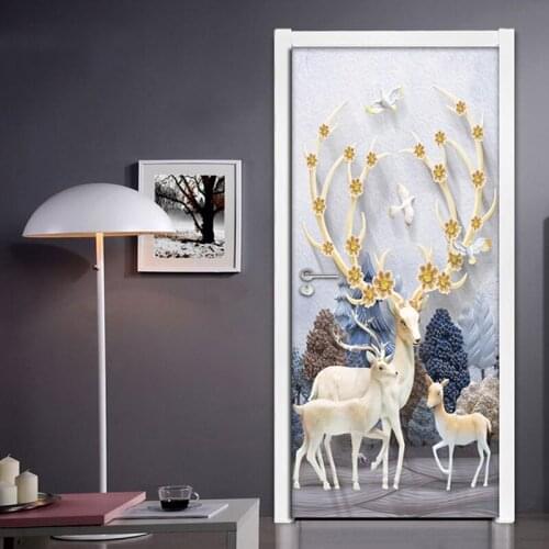 2pcs/set Creative Forest Elk Door Stickers Home Decor Modern PVC Waterproof Kids Room Bedroom Door Sticker Wallpaper Wall Decals