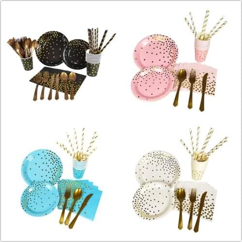 200 Pieces of Powder Blue Black White Hot Stamping Polka Dot Party Supplies 25 People Paper Cups Trays Tissues and Tableware Set