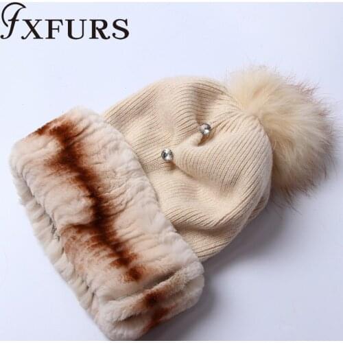 2020 Fxfurs fashion New Women Rex Rabbit Fur Hats with Knitted Wool Caps Winter Warm Headgear Fox Fur Balls Diamond Accessory