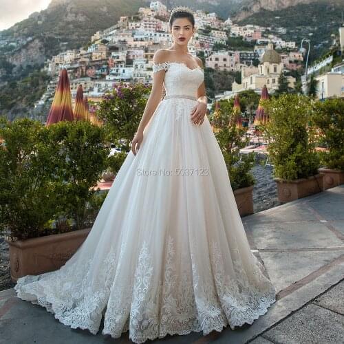 2020 Wedding Dresses A Line Off the Shoulder Lace Appliques Bridal Gowns Beading Belt Court Train Lace Up Vestido De Noiva