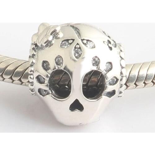 Authentic S925 Silver Bead DIY Jewelry Openwork Sparkling Skull Charm fit Lady Bracelet Bangle