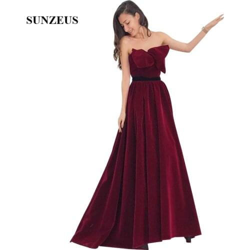 Burgundy Velour Evening Dresses A-line Strapless Long Formal Gowns With Bow Elegant Party Gowns For Women