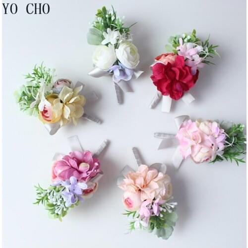 YO CHO Wrist Corsage Rose Boutonniere Bride Artificial Hydrangea Flowers Groom Wedding Meeting Personal Decorative Accessories