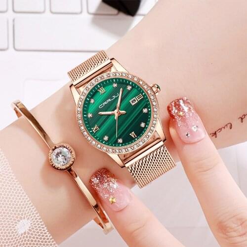 CRRJU New Women Fashion watches Top Brand Luxury Crystal Little Green Wristwatch Casual Dress Waterproof Female Quartz Watches