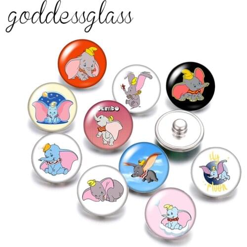 Disney Cute cartoon Dumbo Elephant 10pcs Round photo glass cabochon 18mm snap buttons for 18mm snap bracelets jewelry wholesale