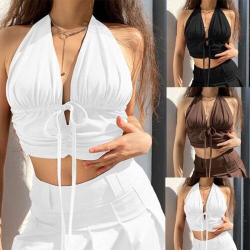 Women Summer Sexy Halter Backless Crop Top Deep V-Neck Ruched Slim Camis Vest Lace-Up Drawstring Sleeveless Shirts