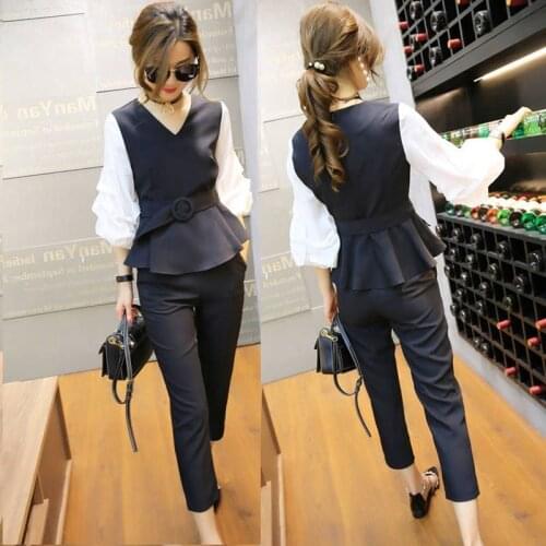 Elegant OL Work wear 2 Pieces set 2021 women Spring New Puff Sleeve Bow Tie up Blouse and pant Suit plus size m-5XL WF52