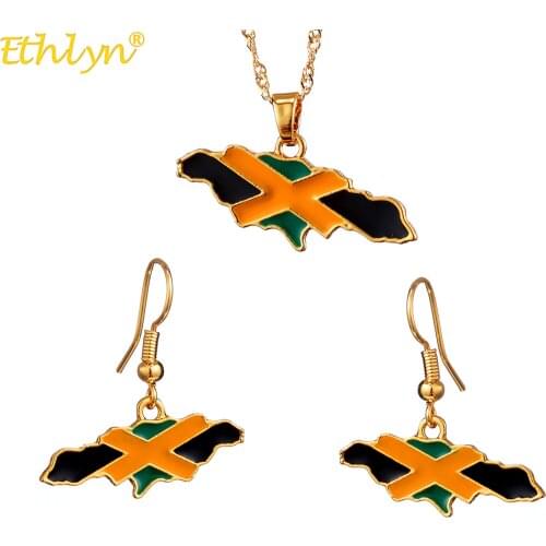 Ethlyn Jamaica Drop Oil Map/Flag Earrings Necklaces Pendants Gold Color Jewelry Sets for Women Celebration Gift S218