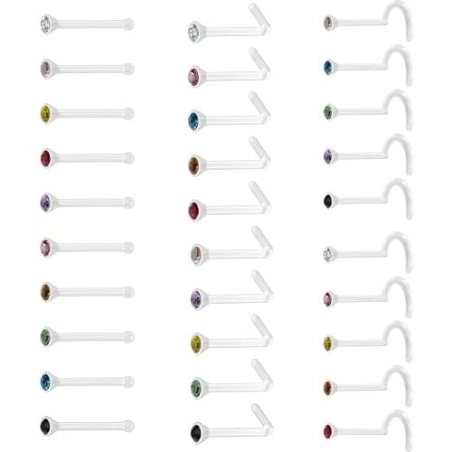 10PCS/Lot 20g CZ Crystal Nose Piercing Set Acrylic Plastic Nose Studs Rings Retainer Bone L Shape Nose Piercing Jewelry