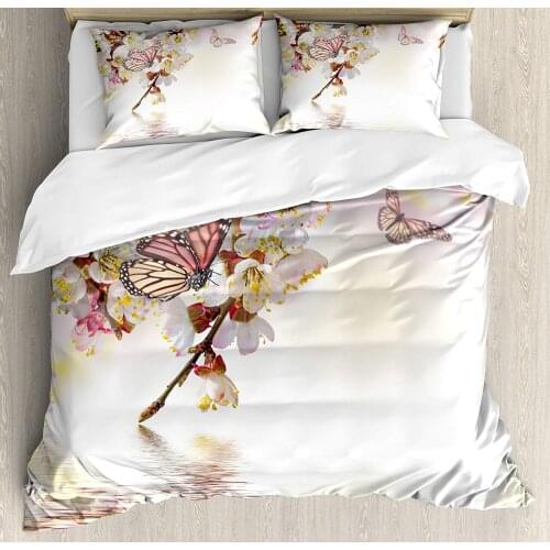 Modern Queen Size Duvet Cover Set by Ambesonne Natural Floral Japanese Style Garden Cherry Blossom Sakura Tree Butterfly Nature