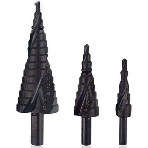 3 PCS HSS Titanium Nitride Coated Cone Spiral Step Drill Bit Set Metal Hole Cutter Power Tools kit, Metric 4-12/20/32mm